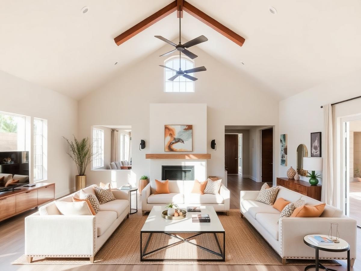 Full home renovation living room with vaulted ceiling