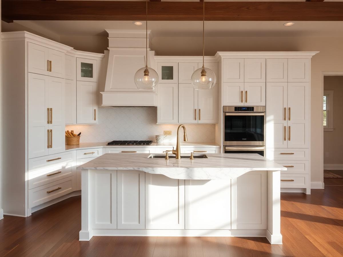 Custom kitchen remodel with white cabinetry and quartz island